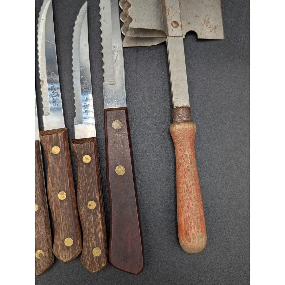 Mix Lot of 12 VTG Knife Knives Wood Handle Brass Rivets USA Chef Butcher Bread